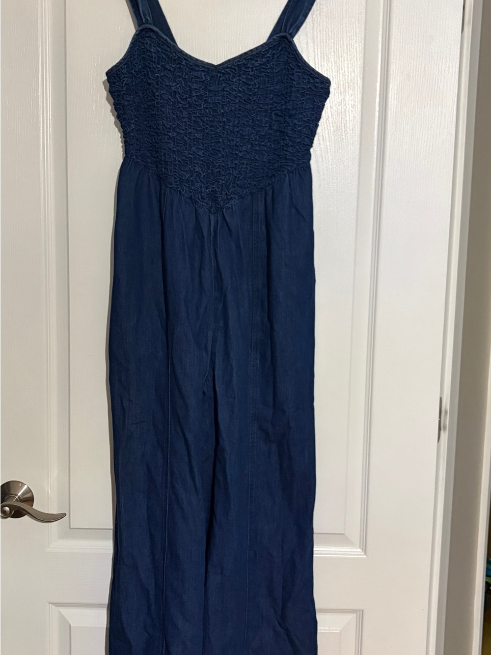 American Eagle Outfitters Navy Smocked Denim Jumpsuit